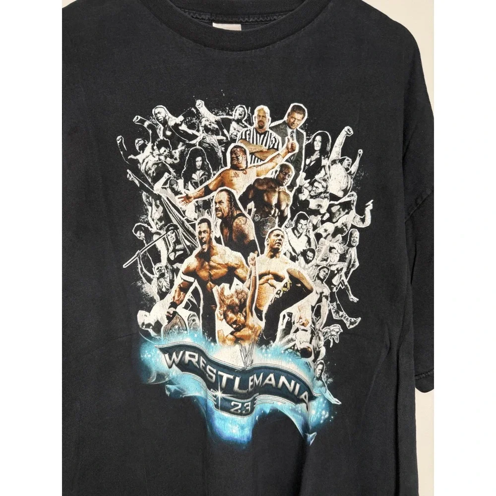 Vintage WWE WrestleMania 23 T Shirt 2007 Detroit Match Card Graphic Black 3XL